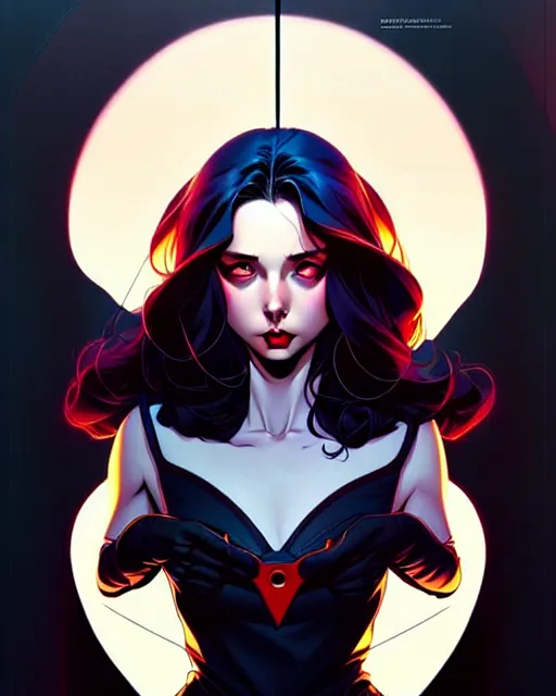 Image similar to artgerm, joshua middleton comic cover art, full body pretty kacey rohl vampire, symmetrical eyes, symmetrical face, long curly black hair, dark castle background background, cinematic lighting