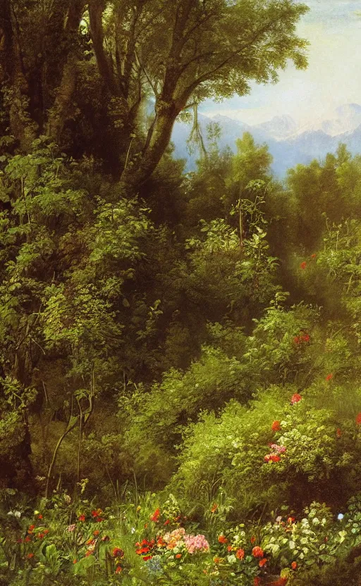 Image similar to artwork painting of a lush environment, flowers by grave by eugene von guerard, ivan shishkin