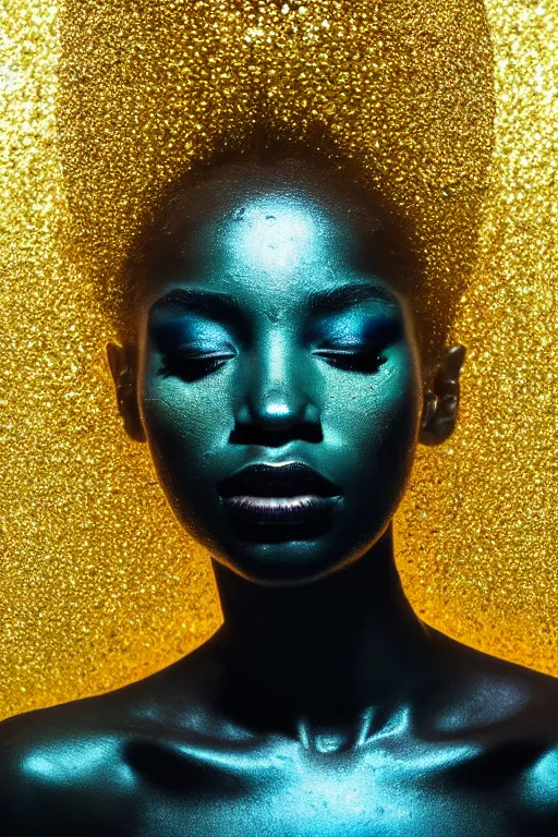 Image similar to hyperrealistic modern cinematic very expressive! profile black oshun goddess, head emerging from water, mirror dripping droplet!, gold flowers, highly detailed face, digital art masterpiece, smooth eric zener cam de leon, dynamic pearlescent teal light, low angle uhd 8 k, sharp focus