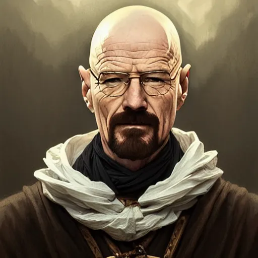 Image similar to Walter White dressed in medieval fashion, D&D, fantasy, intricate, elegant, highly detailed, digital painting, artstation, concept art, matte, sharp focus, illustration, art by Artgerm and Greg Rutkowski and Alphonse Mucha