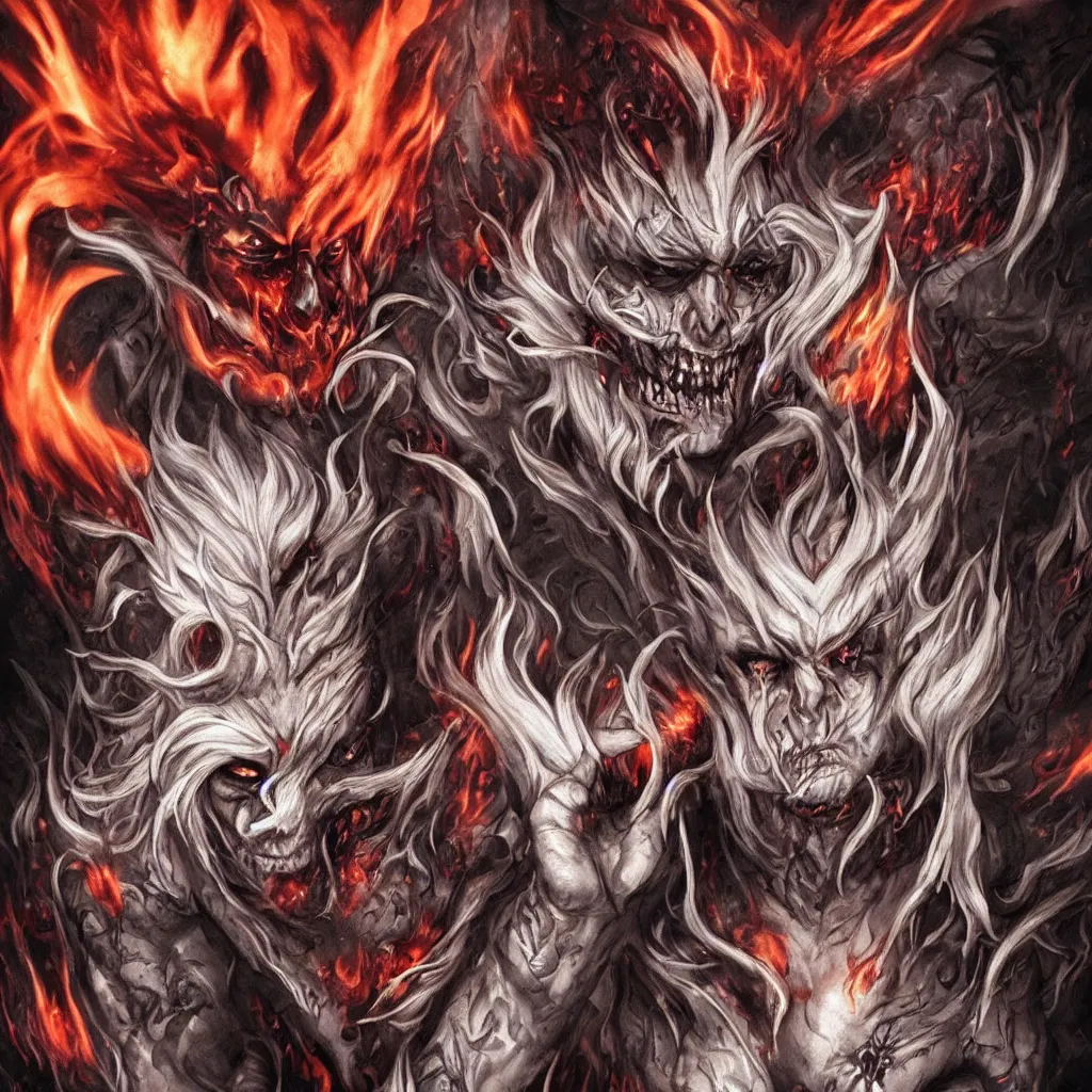 Image similar to fire demons, white hair, tattoos, black eyes, red eyes, smoke, details, high detail, fire, lots of definition, evil, dark, misery, horror style