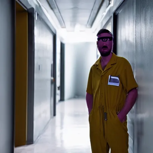 Image similar to man with deformed face in jumpsuit, standing in a dimly lit hallway with a wrench