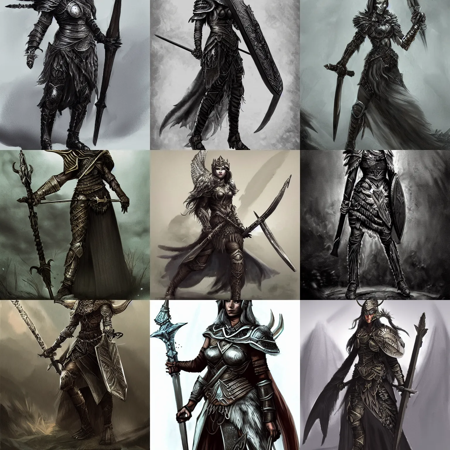 Prompt: A detailed valkyrie wielding a shield and spear; dark fantasy, concept art, dark souls