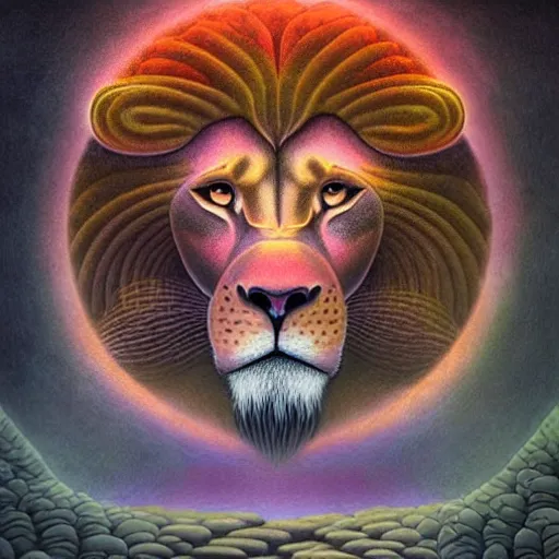 Image similar to an anthromorphic lion meditating in a zen garden with a waterfall under the blood moon, by Adi granov and afarin sajedi and amanda sage and evgeni gordiets and Agostino Arrivabene and adonna khare in a psychedelic portrait style, ultrarealistic matte painting, volumetric lighting, fractal, extremely symmetrical, highly detailed face, orisha, 8k, hd