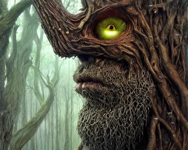 Image similar to a talking tree, a face in the bark, mouth in the bark, eyes in the bark, fantasy concept art, digital painting, oil painting, hyperrealistic, beautiful, treebeard, ent, magical, highly detailed, very detailed eyes, artstation, cgsociety, in the forest, by alan lee, by artgerm