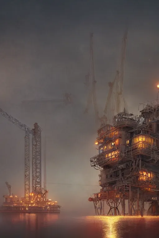 Prompt: a highly detailed matte painting of a soviet steampunk oil rig in fog at night by studio ghibli, makoto shinkai, by artgerm, by wlop, by greg rutkowski, volumetric lighting, octane render, 4 k resolution, trending on artstation, masterpiece