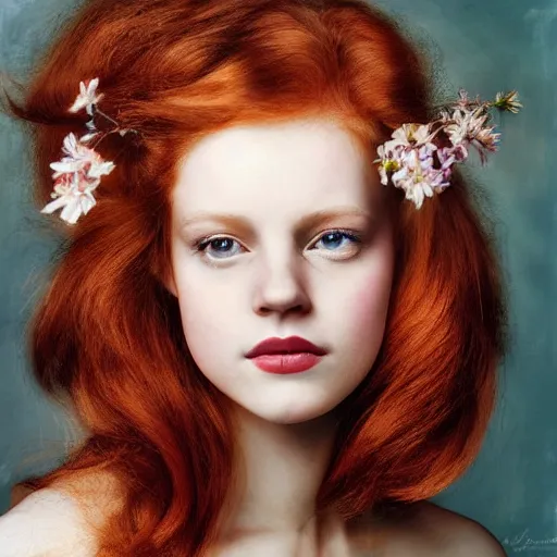 Prompt: !dream Fine art photo of the most beautiful woman, she is redhead, she is posing while maintain a sweet eye contact to the camera, she has a crown of flowers, she has perfect white teeths, the photo was taking by Annie Leibovitz, matte painting, oil painting, naturalism