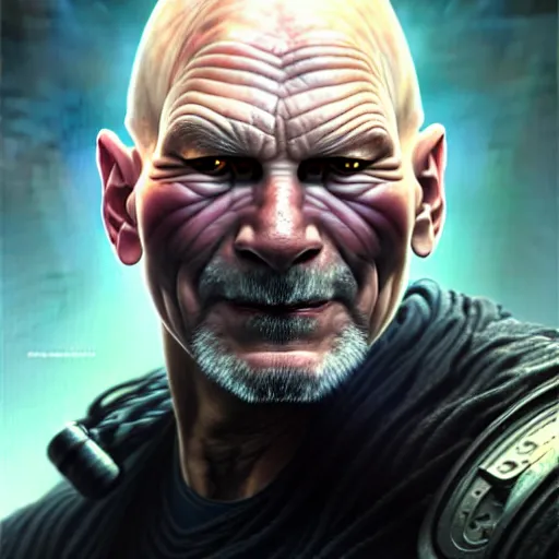 Image similar to portrait painting of a cyberpunk orc doctor extremely muscular patrick stewart with fangs and tusks, ultra realistic, concept art, intricate details, eerie, highly detailed, photorealistic, octane render, 8 k, unreal engine. art by artgerm and greg rutkowski and charlie bowater and magali villeneuve and alphonse mucha