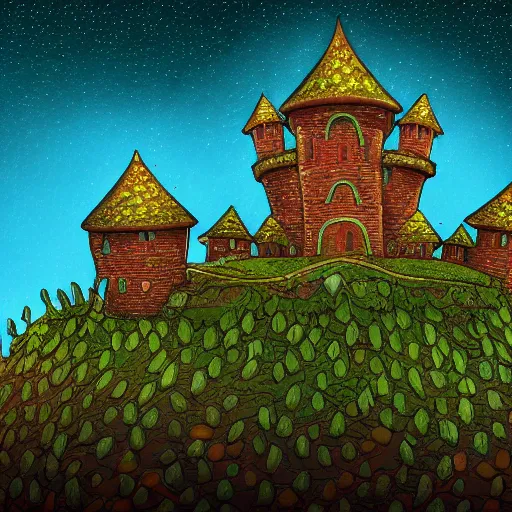 Image similar to highly detailed illustration of a mushroom castle at night ultra realistic, 4 k resolution