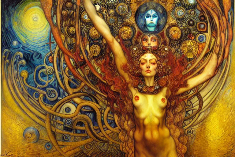 Image similar to Divine Chaos Engine by Karol Bak, Jean Delville, William Blake, Gustav Klimt, and Vincent Van Gogh, symbolist, visionary