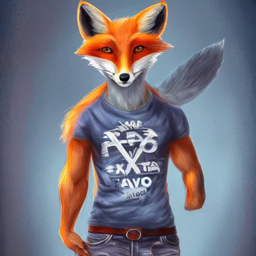 Image similar to A fox with a small head wearing a t-shirt and jeans, trending on FurAffinity, energetic, dynamic, digital art, highly detailed, FurAffinity, digital fantasy art, FurAffinity, favorite