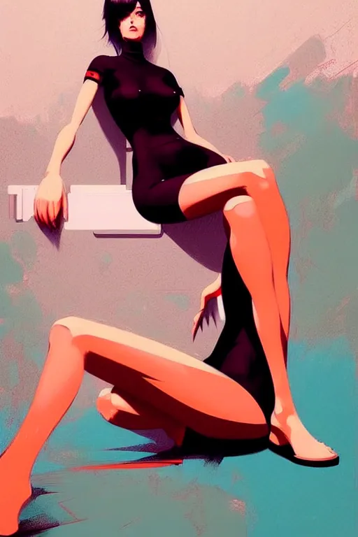 Image similar to a ultradetailed beautiful painting of a stylish woman sitting on the floor of a tiled room, by greg rutkowski, conrad roset, and ilya kuvshinov trending on artstation