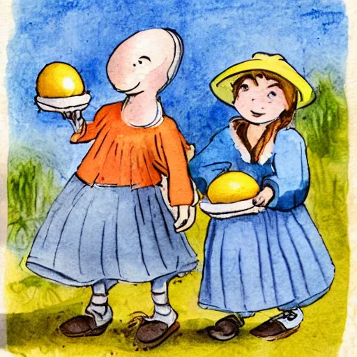 Prompt: two orphans with hats and middle ages simple clothes, holding eggs with their arms, running from a flying angry chicken, illustration for children, bright faded watercolor on grainy paper,. accurate anatomy. symmetry.