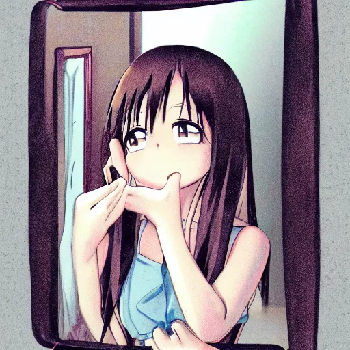 Prompt: an anime girl looking at a mirror, illustration, highly detailed