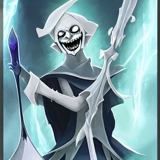 Image similar to Karthus from League of Legends holding a magical staff, laughing, anime art style