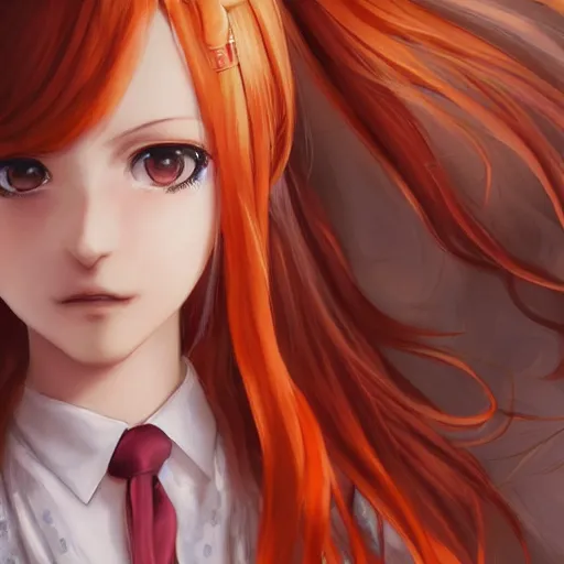 Image similar to luxury advertisement, astonishing portrait of a very beautiful anime high-school girl with light orange hair twintails, white ribbon, full perfect face, realistic, highly detailed background, artstation, 120 degree view, drawn by Sasoura, Satchely and Akihiko Yoshida, no distortion