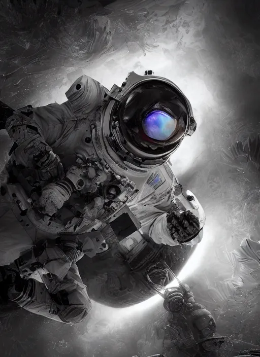 Prompt: complex poster by craig mullins astronaut in futuristic dark and empty spaceship underwater. infrared complex and hyperdetailed technical suit. mandelbulb fractal. reflection and dispersion materials. rays and dispersion of light. volumetric light. 5 0 mm, f / 3 2. noise film photo. flash photography. unreal engine 4, octane render