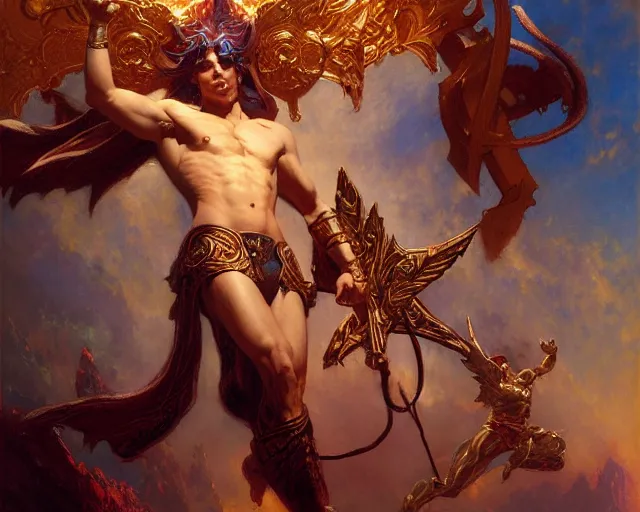 Image similar to attractive heroic male deity, casts magic, summoning handsome heroic lucifer morning star. highly detailed painting by gaston bussiere, craig mullins, j. c. leyendecker 8 k