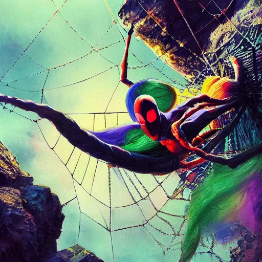 Image similar to spider on a rainbow colored web, 8 k octane beautifully detailed render, post - processing, extremely hyper - detailed, intricate, epic composition, cinematic lighting, masterpiece, trending on artstation, masterpiece, stunning art by anders zorn, wonderful masterpiece by greg rutkowski, beautiful cinematic,