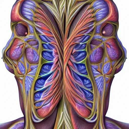 Prompt: human anatomical render in the style of alex grey, with an ornate fractal background