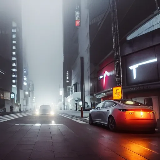 Image similar to tesla in tokyo at a foggy and rainy night, realistic 4 k