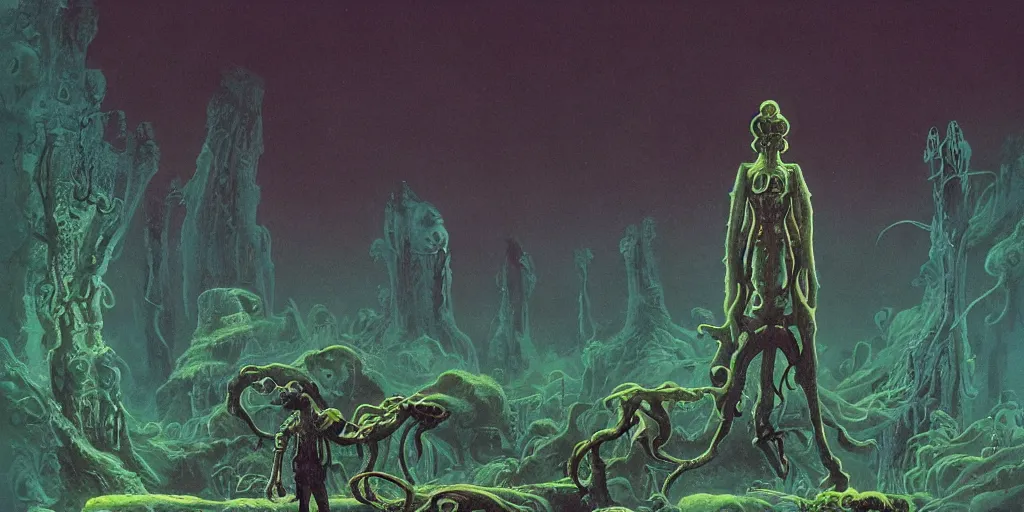 Prompt: highly detailed illustration of a tiny figure standing before an alien cephalopod in a world overgrown with fungus and spores, diffuse lighting, fog, stunning atmosphere, religious imagery, huge gargantuan black sun, nausicaa, muted colors, by roger dean, kilian eng and james jean