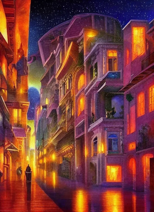 Image similar to ethereal starlit city of magic lost in time at sunset, italian futurism, art station, da vinci, hd, digital painting