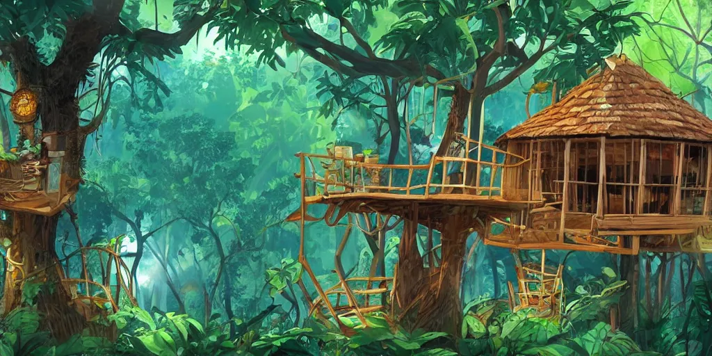 Image similar to a tree house in the jungle, sunshine, by alba ballesta gonzalez. 4 k wallpaper, digital flat 2 d, japan animation, comic book, illustration, cinematic lighting, smooth sharp focus.