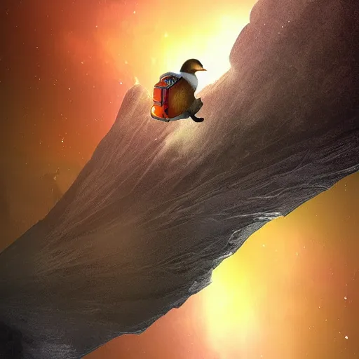 Image similar to digital art, trending on artstation, a galactic duck climbing everest underwater.