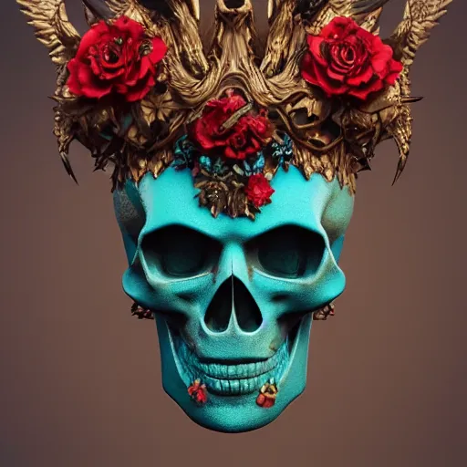 Prompt: north god sculpture, birds, skulls, flowers. baroque elements. intricate artwork by artstation. halo. octane render, cinematic, hyper realism, octane render, 8 k, depth of field, bokeh. iridescent accents. vibrant. teal and gold and red colour scheme,