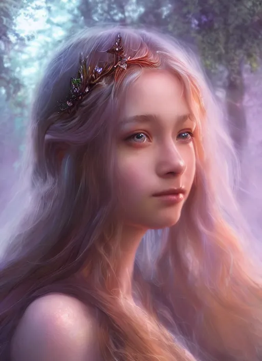 Prompt: portrait of a gorgeous fairy princess of the forest, detailed soft iridescent skin, 8k render, ultra realistic, cinematic lighting, artstation, artgerm