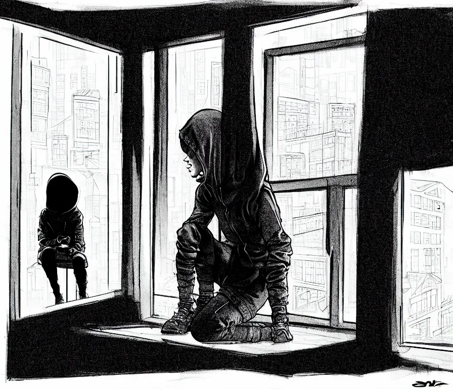 Image similar to sadie sink in hoodie, knees tucked in, sits on windowsill, | rain falls at night : b & w storyboard drawing, scifi cyberpunk. by gabriel hardman, joe alves, chris bonura. cinematic atmosphere, detailed and intricate, perfect anatomy