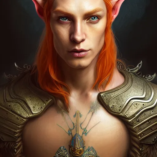 Prompt: portrait painting of an very young elven man with short light orange hair and tribal tattoos on his face wearing fur armor, ultra realistic, concept art, intricate details, eerie, highly detailed, photorealistic, octane render, 8 k, unreal engine. art by artgerm and greg rutkowski and charlie bowater and magali villeneuve and alphonse mucha