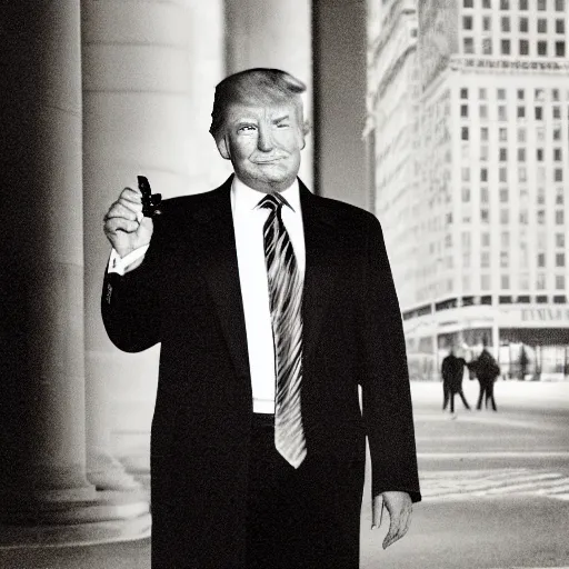 Image similar to “Very very impressive photo of Donald Trump standing in the middle of Fifth Avenue with a gun, atmospheric lighting, award-winning crisp details”