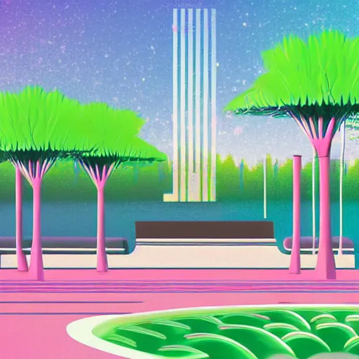 Prompt: art deco vaporwave illustration of a park with trees, benches, and a water feature, in a futuristic pastel city