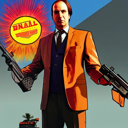Prompt: saul goodman standing in the sun holding a smg gun, grand theft auto 5 artwork