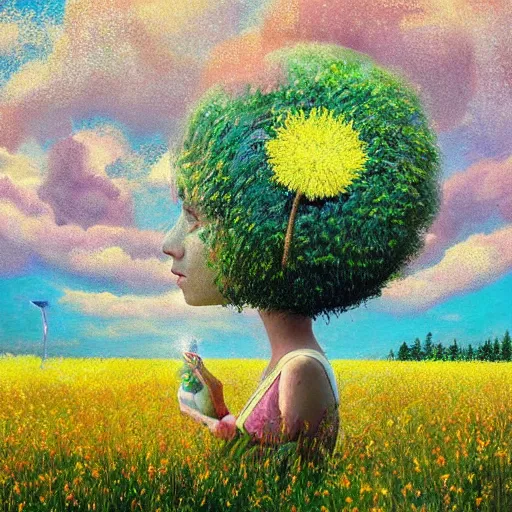 Image similar to girl with dandelion as a face, surreal photography, dream, standing in flower field, hills, big trees, sunrise dramatic light, impressionist painting, colorful clouds, digital painting, pointillism, artstation, simon stalenhag