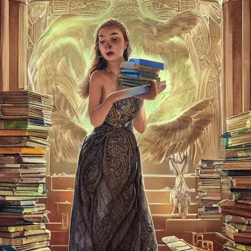 Image similar to a portrait of a older anya taylor - joy as the goddess minerva surrounded by stacks of books, owls, bioluminescent gown with deep level of detail of esoteric symbols, urban motifs, intricate, elegant, highly detailed, digital painting, trending on artstation, smooth sharp focus, illustration, art by artgerm and greg rutkowski