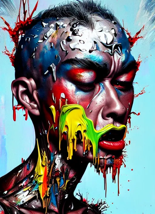 Prompt: angry man head made of melting metal, colourful, paint melting, vogue cover style, greg rutkowski style, demonic style, artgerm style, basquiat style