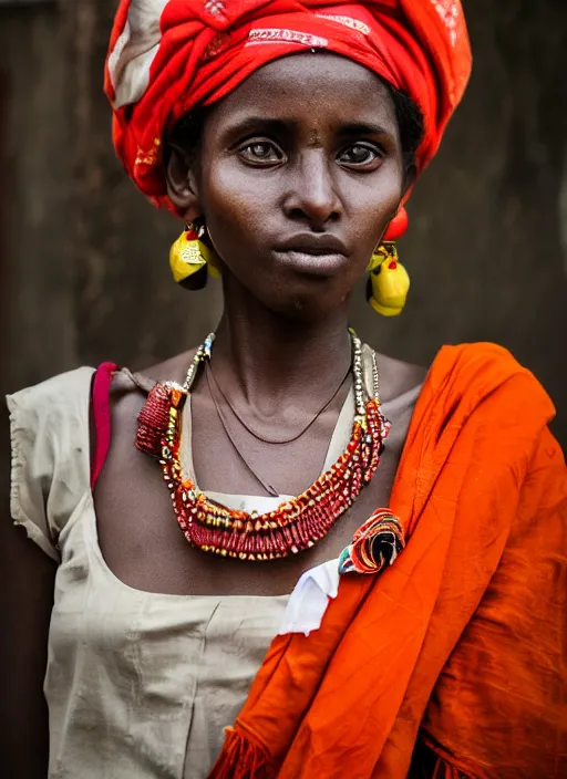 Image similar to Mid-shot portrait of a beautiful 20-year-old woman from Ethiopia in her traditional get-up, candid street portrait in the style of Mario Testino award winning, Sony a7R