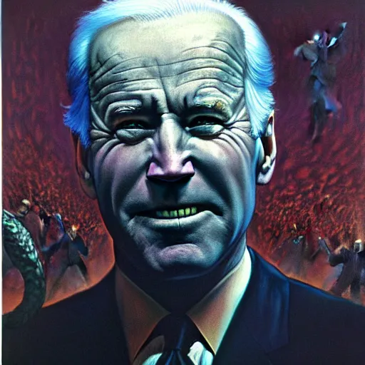 Image similar to epic Joe Biden in pandemonium, demons and souls, portrait, art by Wayne Barlowe, oil on canvas