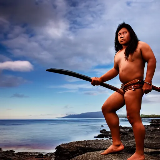 Prompt: a pacific islander warrior on a canoue, 4 k, hyper realistic, dslr, high resolution, landscape, beautiful