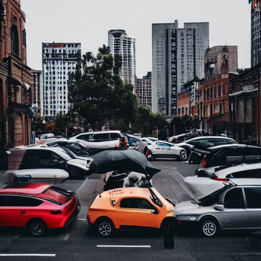 Prompt: a bunch of cars that are sitting in the street, a matte painting by niko henrichon, trending on unsplash, stuckism, cityscape, depth of field