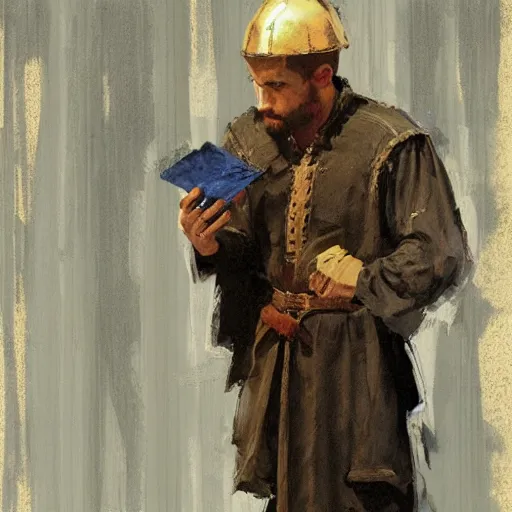 Prompt: portrait of a man wearing medieval clothes reciting poetry, detailed by greg manchess, craig mullins, bernie fuchs, walter everett