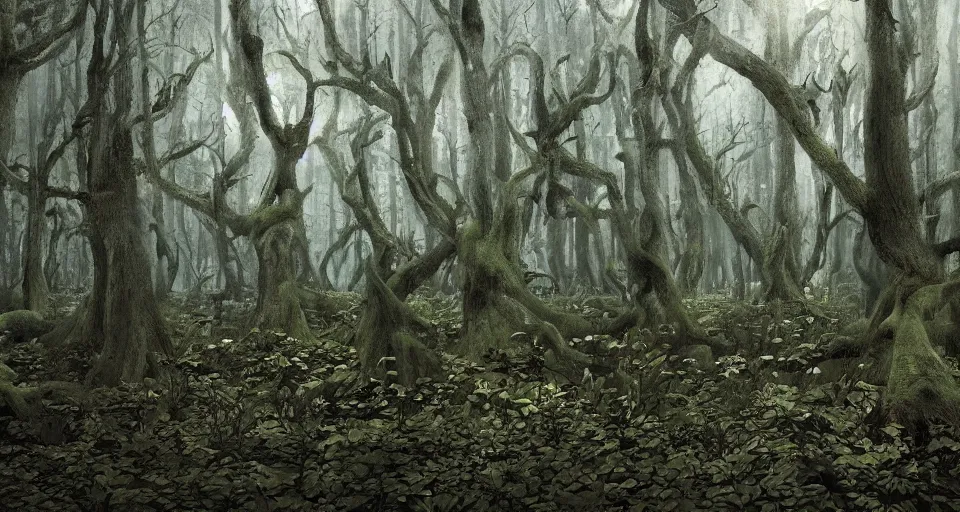 Prompt: A dense and dark enchanted forest with a swamp, by Hideaki anno