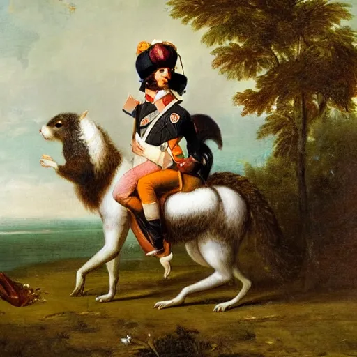 Image similar to a giant squirrel carrying napoleon bonaparte on its back, beach scene with flowers and foliage, detailed oil painting