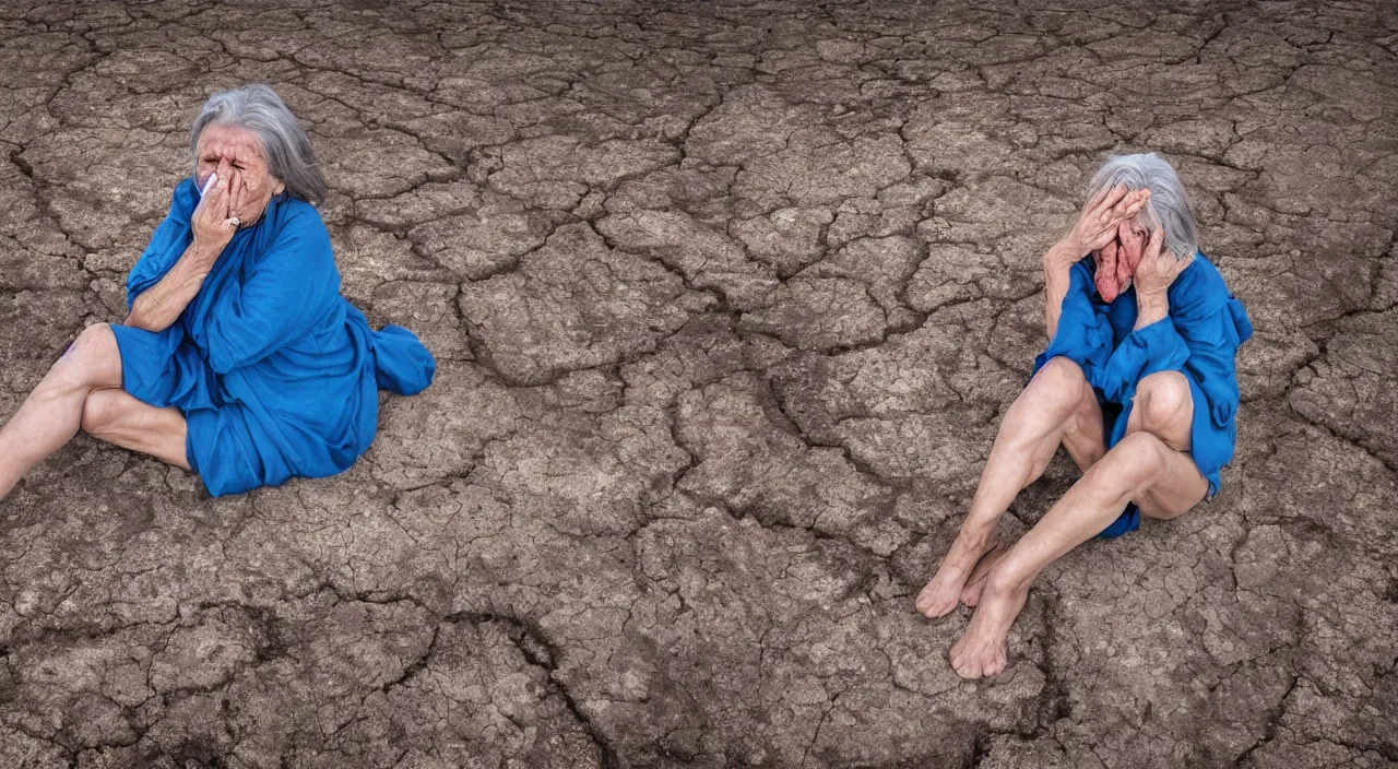 Image similar to 65-year-old Gaia crying one single tear, facing the camera and sitting on a dried up river in a desolate land, blue sky, hot and sunny, highly-detailed, elegant, dramatic lighting, artstation, 4k, cinematic landscape, photograph by Elisabeth Gadd