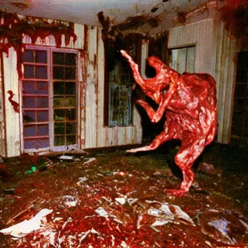 Prompt: 1 9 9 3, disposable camera, flash, old abandoned house, mutant creature standing, meat, ooze, slime, veins, wet