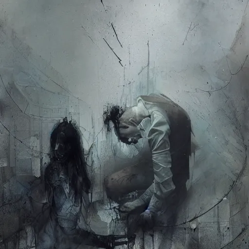 Image similar to a man stealing dreams from a young woman by emil melmoth zdzislaw belsinki craig mullins yoji shinkawa realistic render ominous detailed photo atmospheric by jeremy mann francis bacon and agnes cecile ink drips paint smears digital glitches glitchart