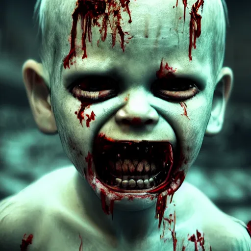 Image similar to angry zombie toddler without eyes portrait, empty bloody - black eyesockets, horror core, apocalyptic, feeling of grimdark, sharp focus, fiction, hyper detailed, digital art, trending in artstation, cinematic lighting, studio quality, smooth render, unreal engine 5 rendered, octane rendered, art style and nixeu and wlop and krenz cushart